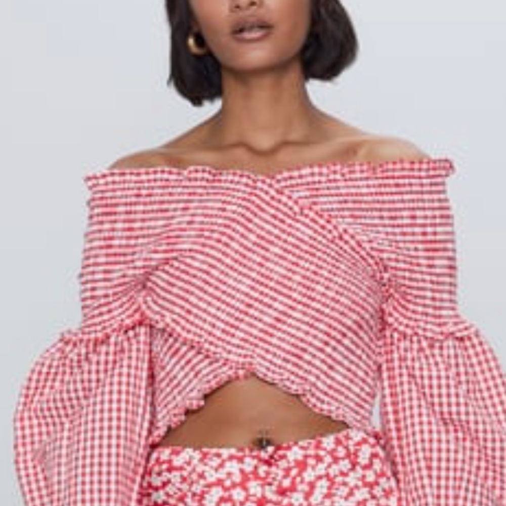 Zara Red Gingham Off-Shoulder Crop Top
